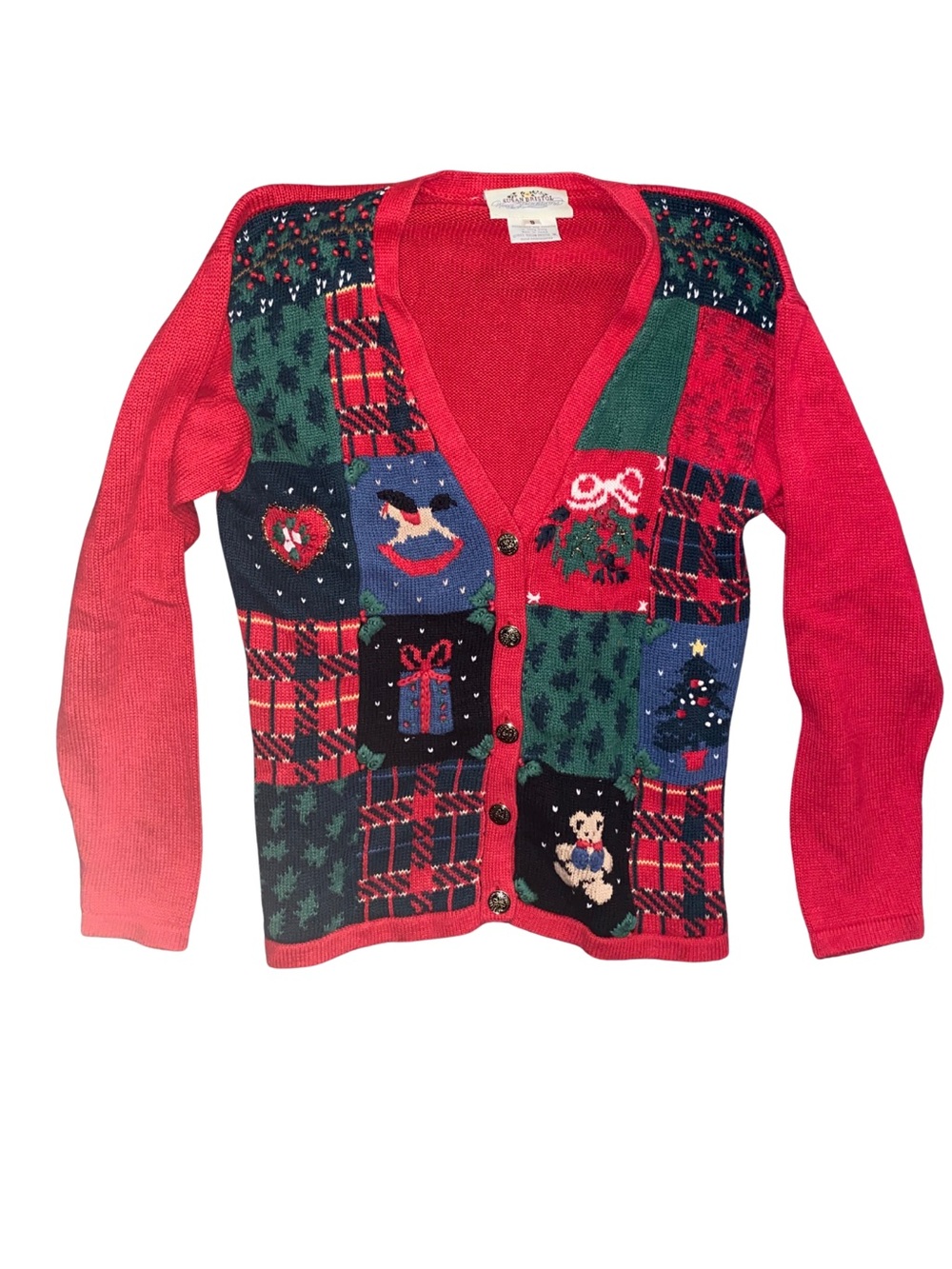 VTG 1993 Susan Bristol Christmas Cardigan S Patchwork Teddy Bear Skater Plaid